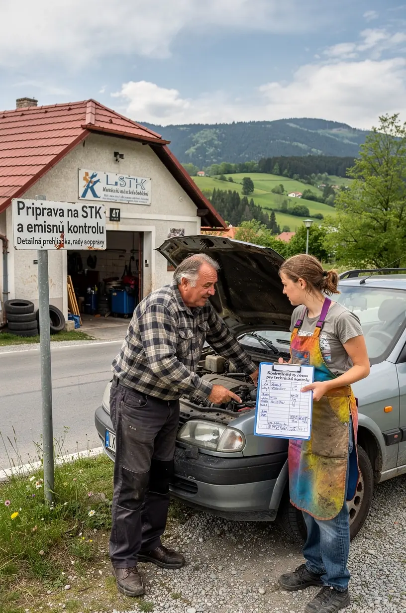 Majiteľ auta sleduje odbornú prípravu vozidla na STK v autoservise.